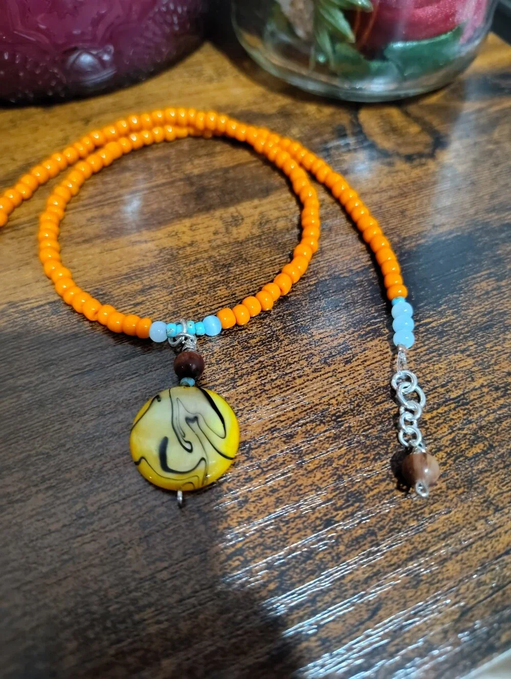Orange Beaded Necklace with Yellow Pendant - Women's Handmade Necklace